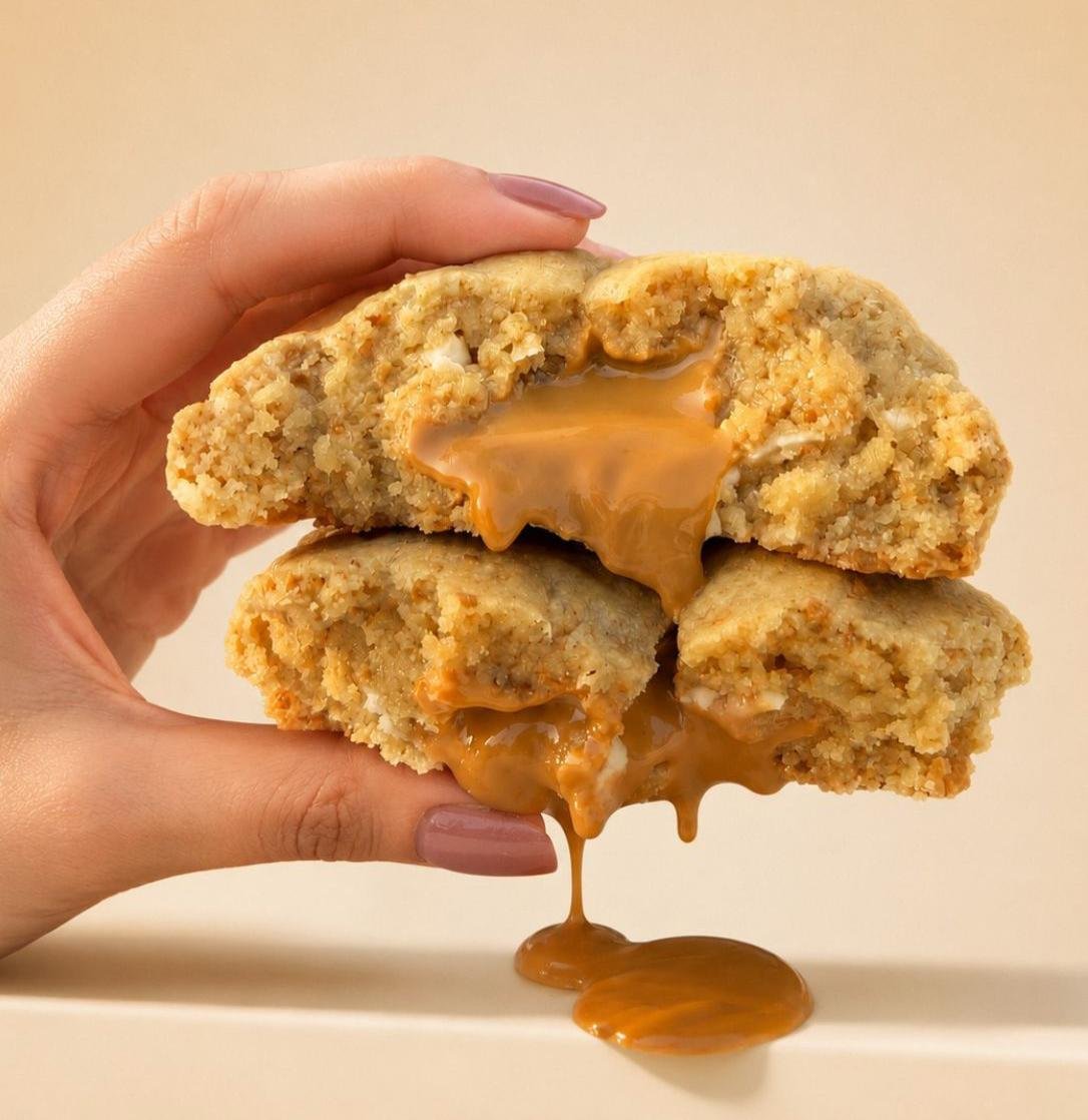 A Biscoff-stuffed cookie broken in half with caramel pouring out