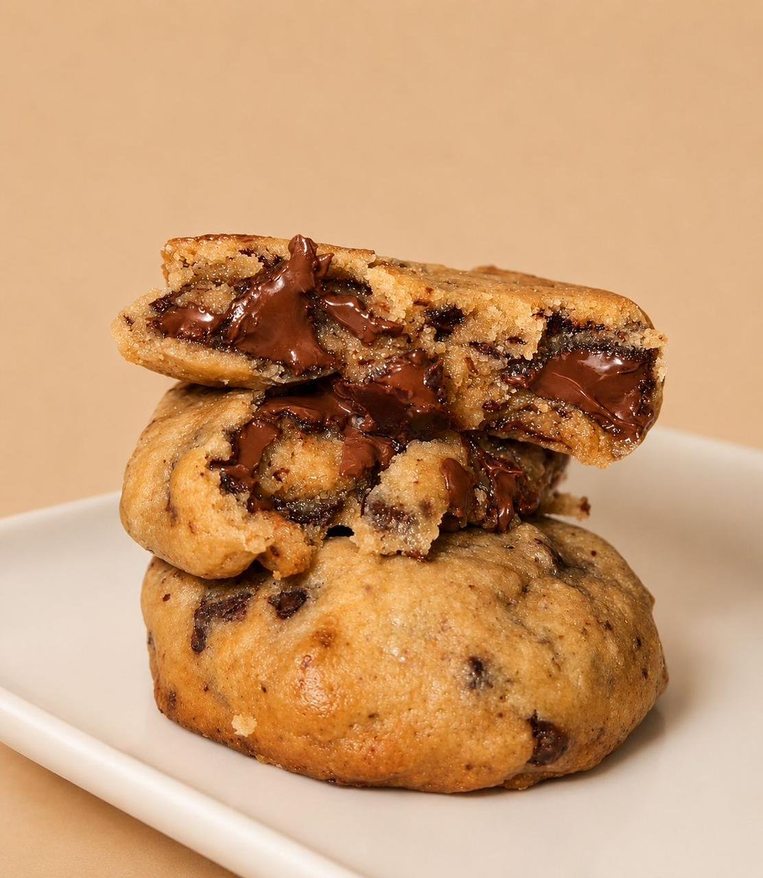 A stack of three stuffed chocolate chip cookies, the top one broken open to show molten chocolate